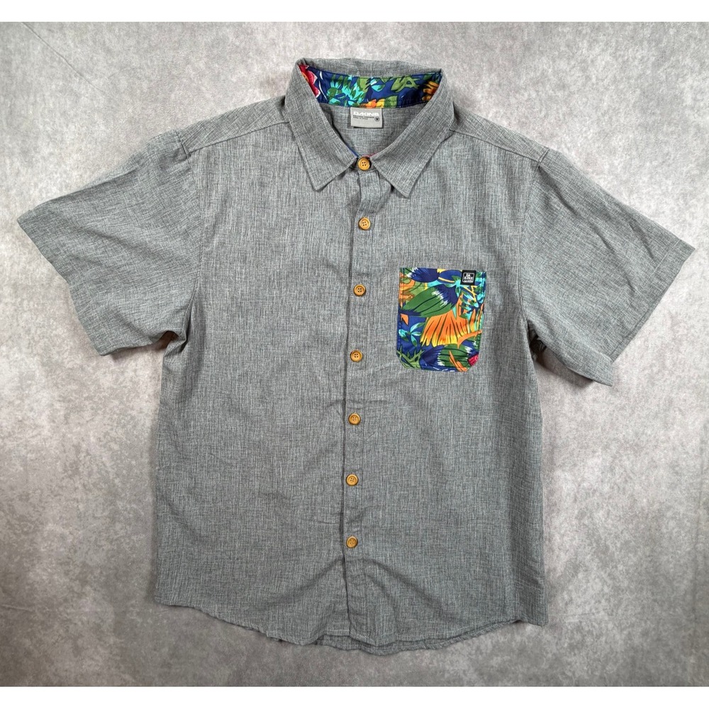 Dakine Wrench Mens Medium Button Up Shirt Gray Tropical Pocket Short Sleeve MTB